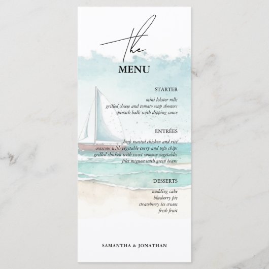 Minimalistische waterverf oceaan en strand bruilof menu (Voorkant)