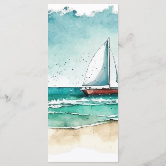 Minimalistische waterverf oceaan en strand bruilof menu (Achterkant)