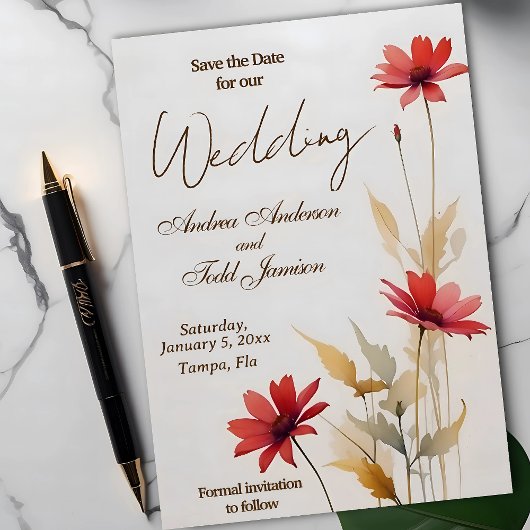 Minimalistische waterverf rode bloem bruiloft save the date