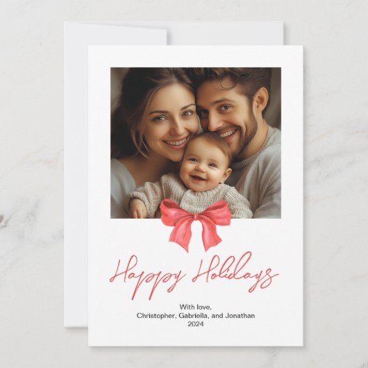 Minimalistische Waterverf rode lint enkele foto Feestdagenkaart (Voorkant)