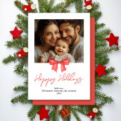 Minimalistische Waterverf rode lint enkele foto Feestdagenkaart