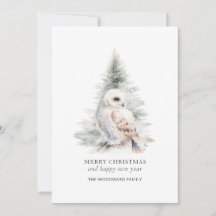 Minimalistische Waterverf Sneeuwuil Bos Kerstmis