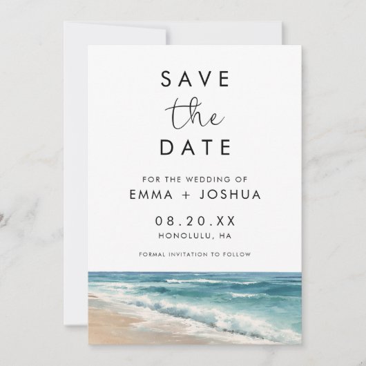 Minimalistische Waterverf Strand Bestemming Trouwe Save The Date (Voorkant)