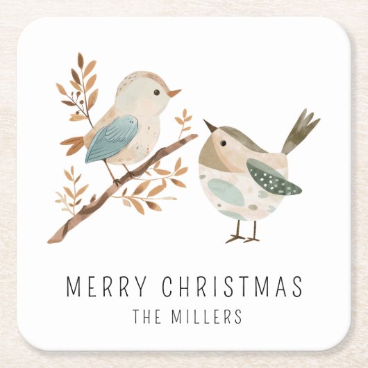 Minimalistische Waterverf Vogels Vrolijk Kerstfees Kartonnen Onderzetters (Voorkant)