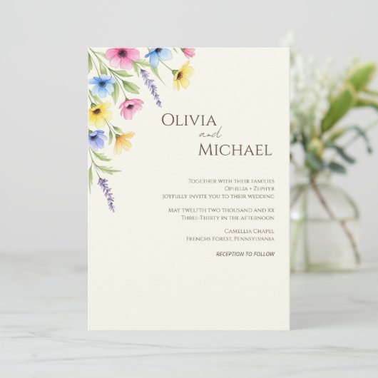 Minimalistische Waterverf Wildflower Wedding Invit Kaart (Staand voorkant)