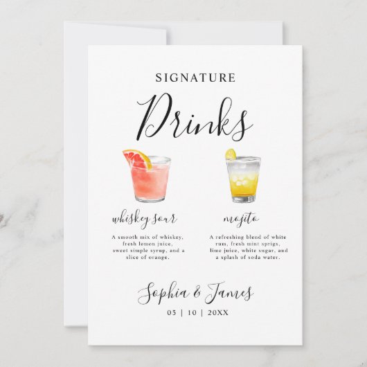 Minimalistische Wedding Cocktail Signature Drink S Kaart (Voorkant)