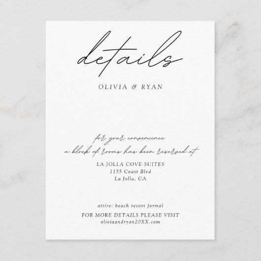 Minimalistische Wedding Hotel Room Block Details Informatiekaartje (Voorkant)