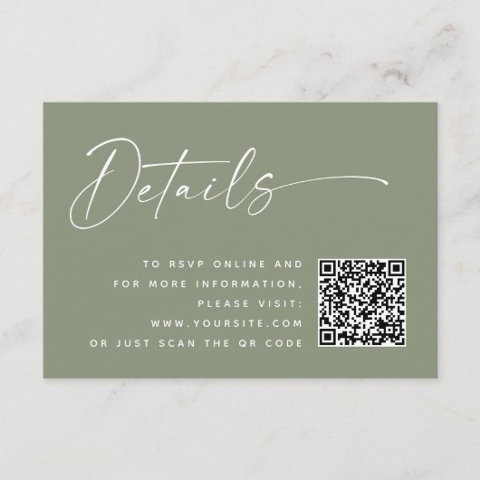 Minimalistische Wedding QR Details | Dusty Sage Gr Informatiekaartje (Voorkant)
