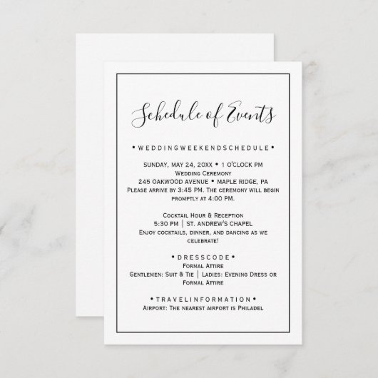 Minimalistische Wedding Schedule Kaart (Voorkant / Achterkant)