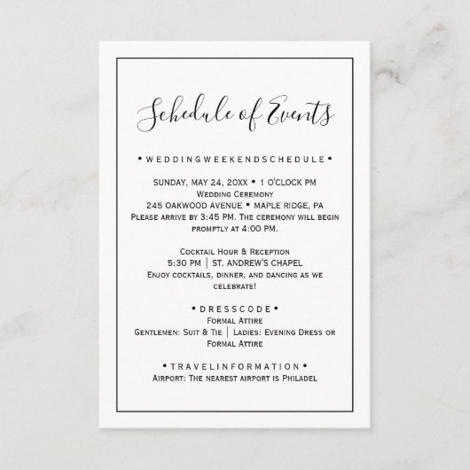 Minimalistische Wedding Schedule Kaart (Voorkant)