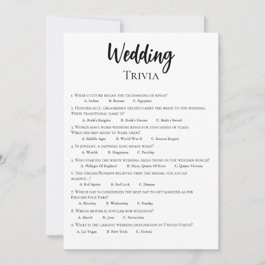 Minimalistische Wedding Trivia Game Kaart (Voorkant)