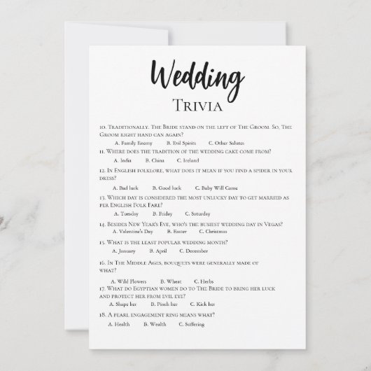 Minimalistische Wedding Trivia Game Kaart (Achterkant)