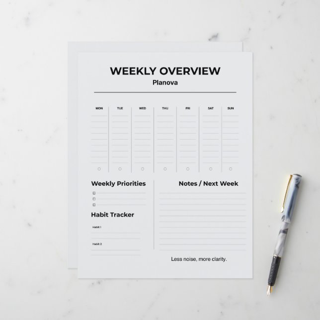 Minimalistische weekplanner | Organisator voor wek (Voorkant / Achterkant in situ)