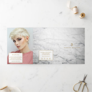 Minimalistische White Marble Gold Monogram Brochur Drieluik Kaart