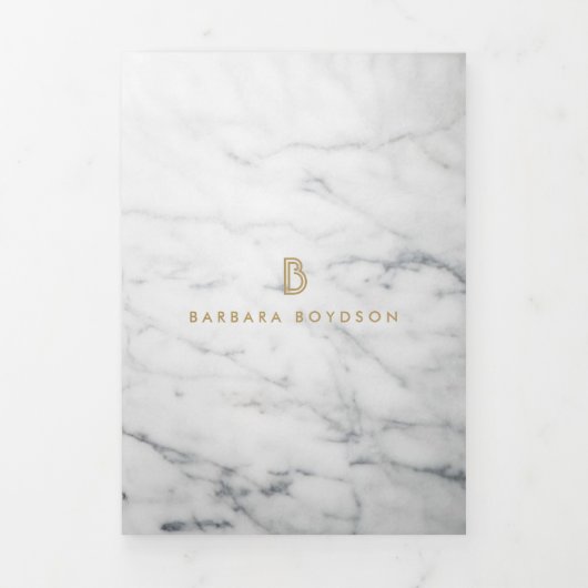 Minimalistische White Marble Gold Monogram Brochur Drieluik Kaart (Cover)