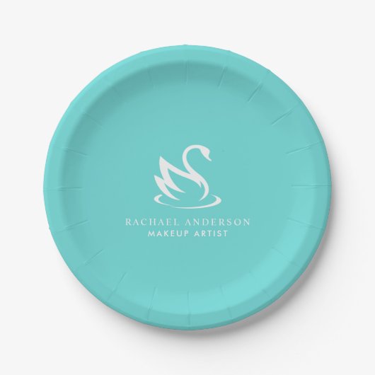 Minimalistische White Swan Logo op Robin Egg Blue Papieren Bordje (Voorkant)