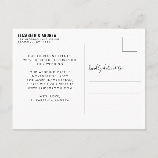 Minimalistische wijziging van datum bruiloft uitst aankondigingskaart (Achterkant)
