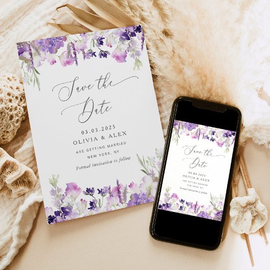 Minimalistische wilde bloem lavendel bewaar de dat save the date