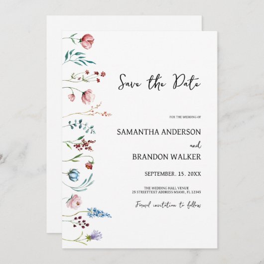 Minimalistische wilde bloemen Bewaar de datumkaart Kaart (Voorkant / Achterkant)