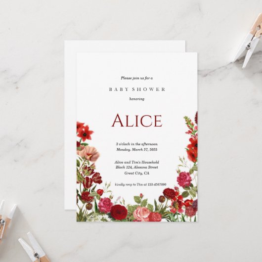 Minimalistische Wildflower Baby shower Uitnodiging (Voorkant / Achterkant in situ)