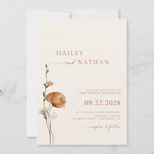 Minimalistische Wildflower Bohemian bruiloft Kaart (Voorkant)