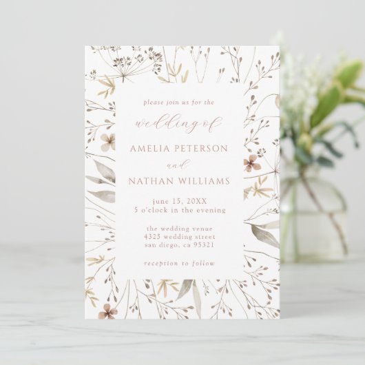 Minimalistische Wildflower Botanische bruiloft Kaart (Staand voorkant)