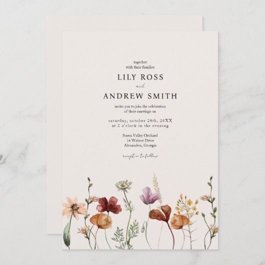 Minimalistische Wildflower bruiloft uitnodiging (Voorkant / Achterkant)