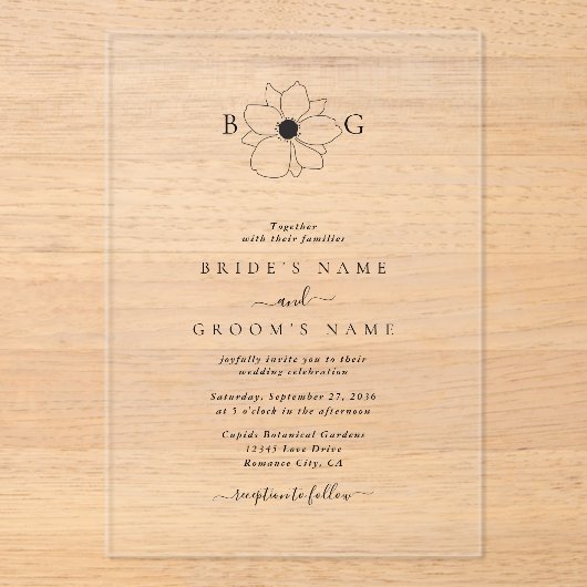 Minimalistische Wildflower Hand-getrokken Monogram Acryl Uitnodigingen (Voorkant)