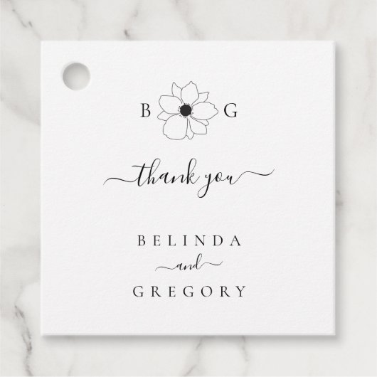 Minimalistische Wildflower Hand-getrokken Monogram Bedankjes Labels (Voorkant)