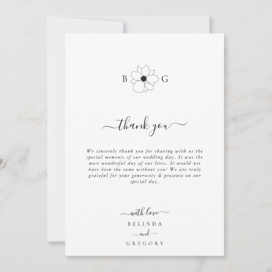 Minimalistische Wildflower Hand-getrokken Monogram Bedankkaart (Voorkant)