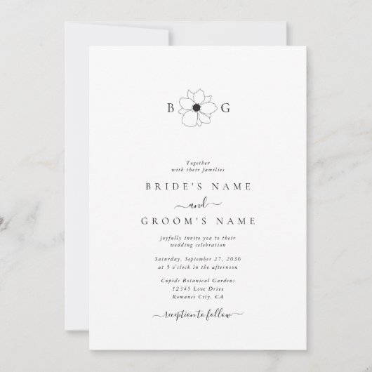 Minimalistische Wildflower Hand-getrokken Monogram Kaart (Voorkant)