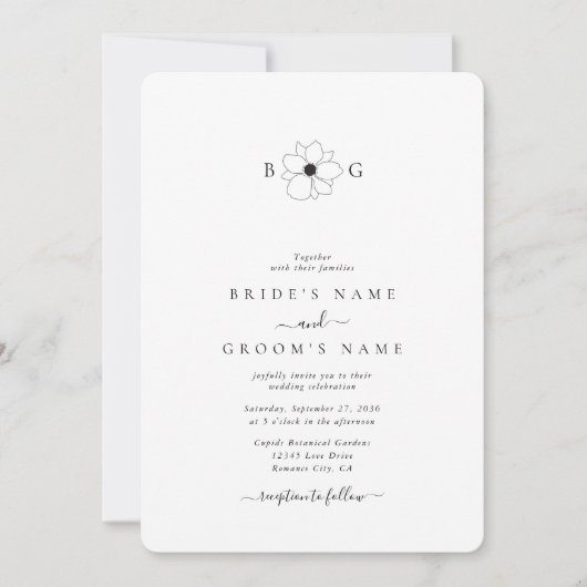 Minimalistische Wildflower Hand-getrokken Monogram Kaart (Voorkant)