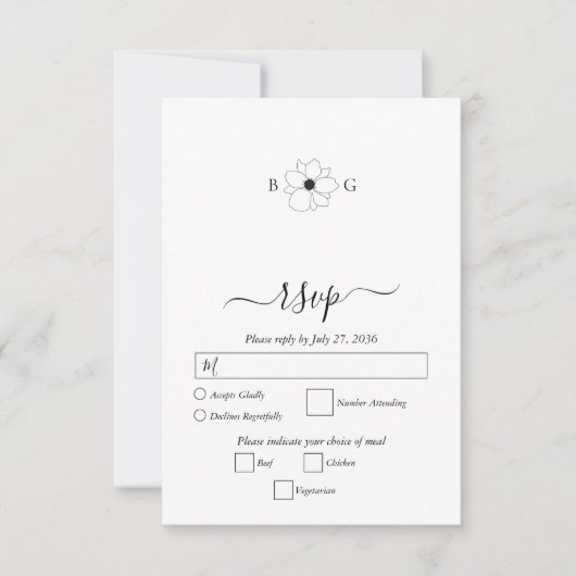 Minimalistische Wildflower Hand-getrokken Monogram RSVP Kaartje (Voorkant)