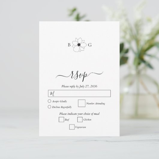 Minimalistische Wildflower Hand-getrokken Monogram RSVP Kaartje (Staand voorkant)