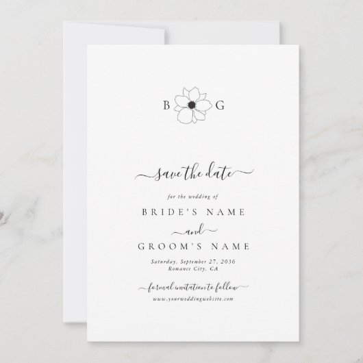 Minimalistische Wildflower Hand-getrokken Monogram Save The Date (Voorkant)
