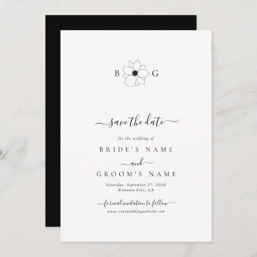 Minimalistische Wildflower Hand-getrokken Monogram Save The Date (Voorkant / Achterkant)