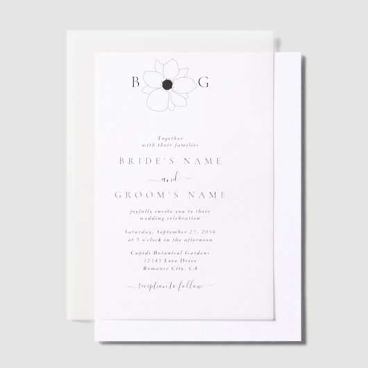 Minimalistische Wildflower Hand-getrokken Monogram Vellum Uitnodigingen (Offset)