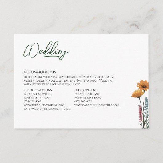 Minimalistische Wildflower Micro Wedding Accommoda Informatiekaartje (Voorkant)