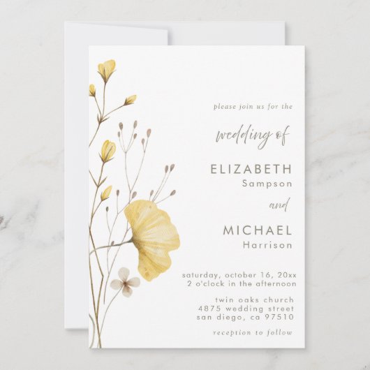 Minimalistische Wildflower Neutral Wedding Uitnodi Kaart (Voorkant)