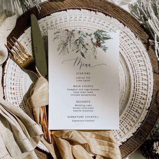 Minimalistische winter altijdgroene trouw menu