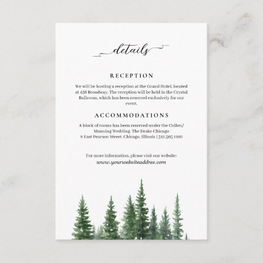 Minimalistische Winter dennenbos bruiloft informat Informatiekaartje (Voorkant)