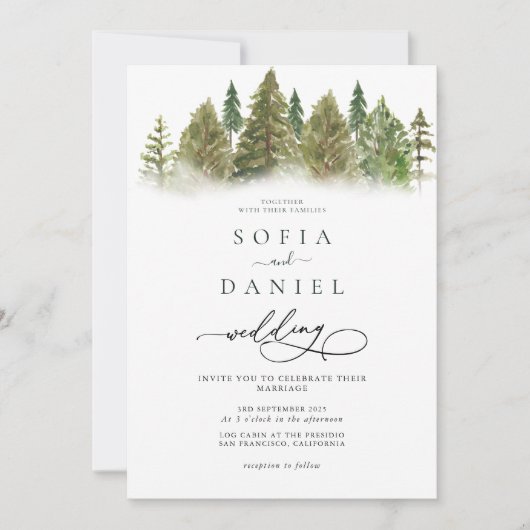 Minimalistische Winter Mountain Pine Trees Wedding Kaart (Voorkant)