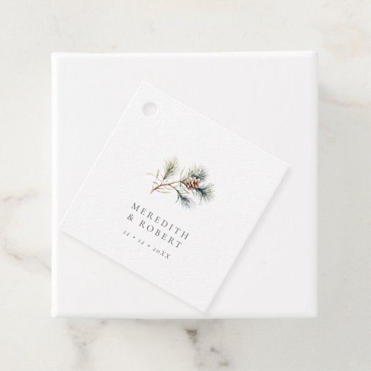 Minimalistische Winter Pine Branch & Cone Wedding Bedankjes Labels (In situ)