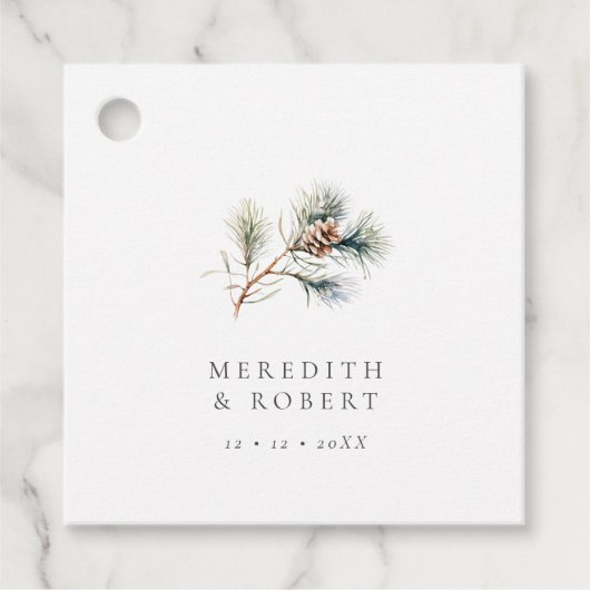 Minimalistische Winter Pine Branch & Cone Wedding Bedankjes Labels (Voorkant)