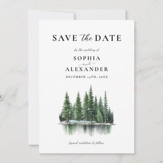Minimalistische Winter Pine Forest Save the Date Kaart (Voorkant)