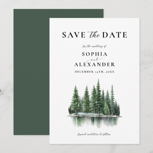 Minimalistische Winter Pine Forest Save the Date Kaart (Voorkant / Achterkant)