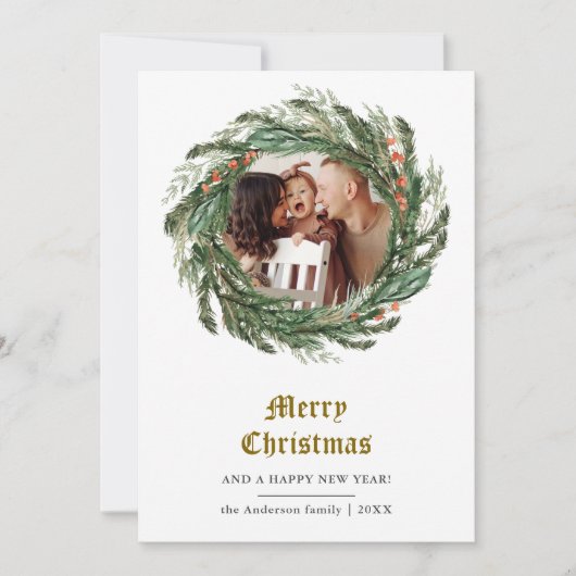 Minimalistische Winter Pine Krans Foto Feestdagenkaart (Voorkant)
