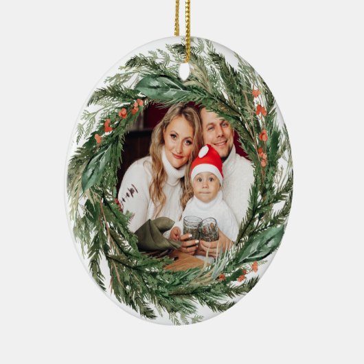 Minimalistische Winter Pine Krans Foto Keramisch Ornament (Rechts)