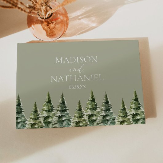 Minimalistische Winter Snowy Pine Tree Forest Wedd Gastenboek