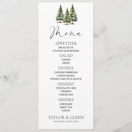 Minimalistische Winter Snowy Pine Tree Forest Wedd Menu (Voorkant)